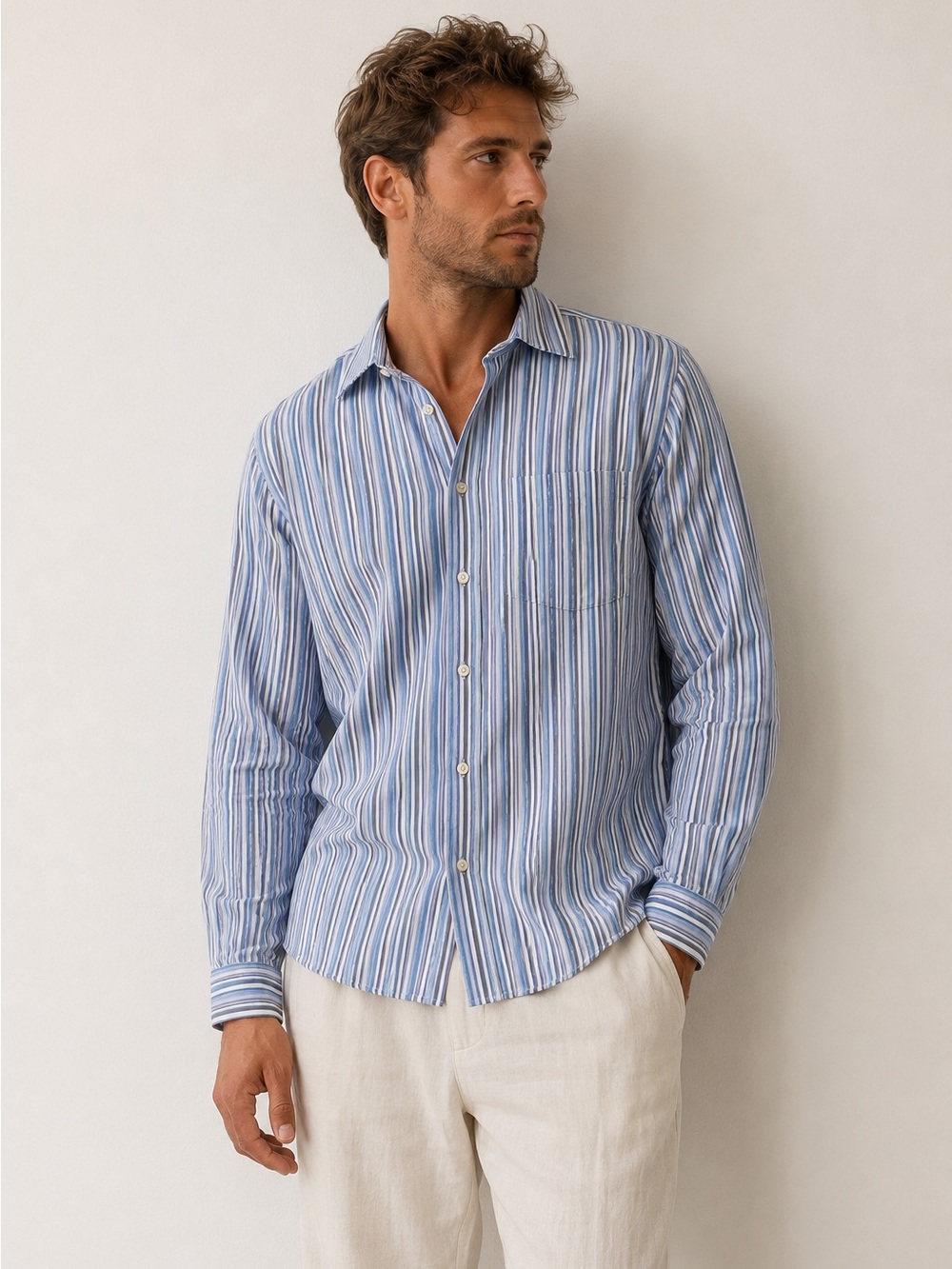 BCBG Attitude Blue Striped Button Front Shirt Men’s XL 17 34/35 Cotton Blend